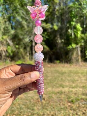 Handcrafted Pink Rhinestone Beaded Butterfly Crystal Pen